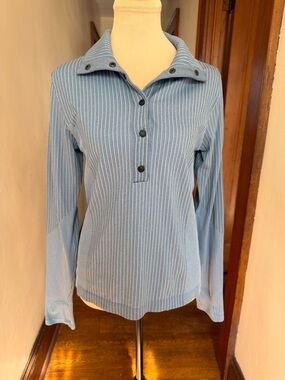 Athleta Flurry Seamless Stripe Henley Top Blue Size M Athletic Long Sleeve Top